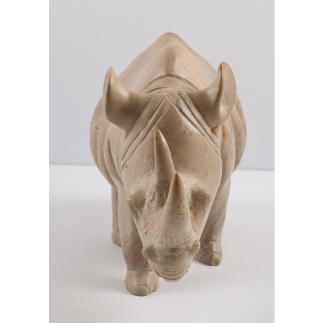 Hand-Carved Stone Rhino Sculpture – Heavy Decorative Animal Figure, Natural Veining For Sale - Image 4 of 8