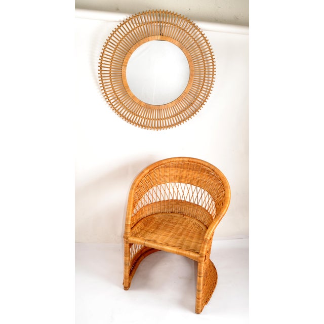 21st Century Organic Modern Large Round Sunburst Wall Mirror made out of Split Reed and Caning over Wood. Handmade and...