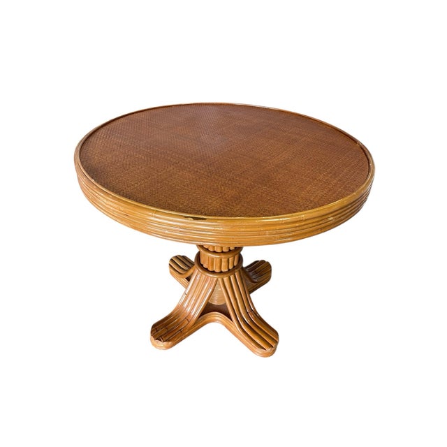 English Faux Bamboo Rattan Pedestal Dining Table With Glass Top For Sale - Image 3 of 12