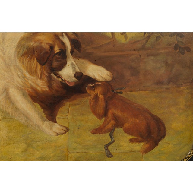 English 19th Century Painted Tôle Tray Depicting Playful Dogs and Turtle Doves For Sale - Image 11 of 11