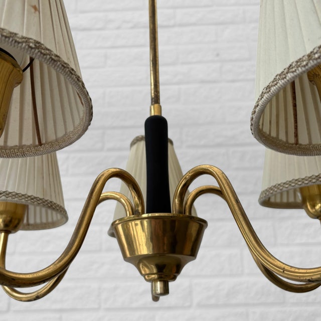 Mid-Century Scandinavian Chandelier with Five Arms in Brass & Textile, Sweden, 1940s For Sale - Image 6 of 9