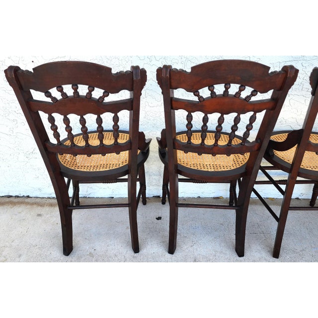 Antique Eastlake Victorian Style Walnut Cane Seat Side Dining Chairs Set of 4 For Sale In Miami - Image 6 of 13