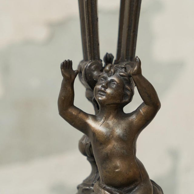 Black Antique Candleholder in Cast Spelter with Putto, Late 19th Century For Sale - Image 8 of 11