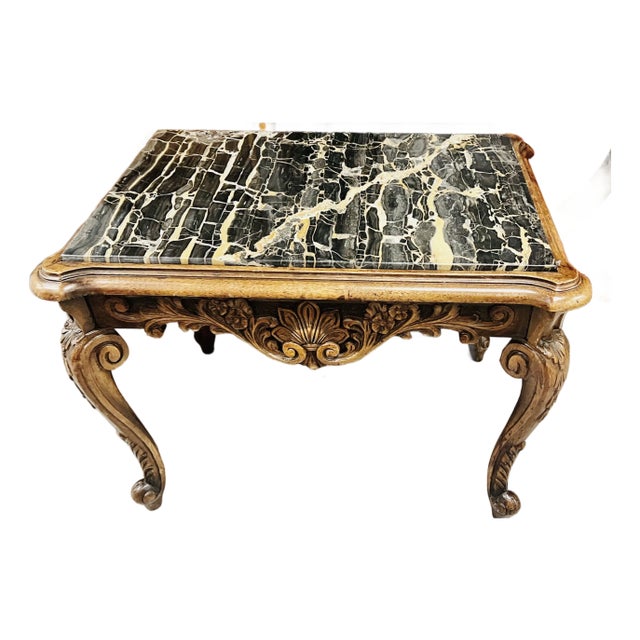 Early 20th Century Carved Wood Console Table With Black & Gold Marble Top – Rococo Revival Style For Sale