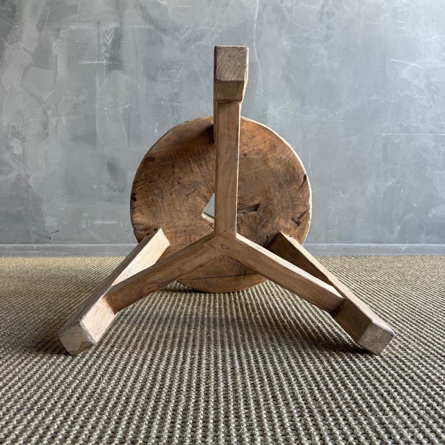 Brown Vintage Elm Wood Wheel Side Table #4c2 For Sale - Image 8 of 9