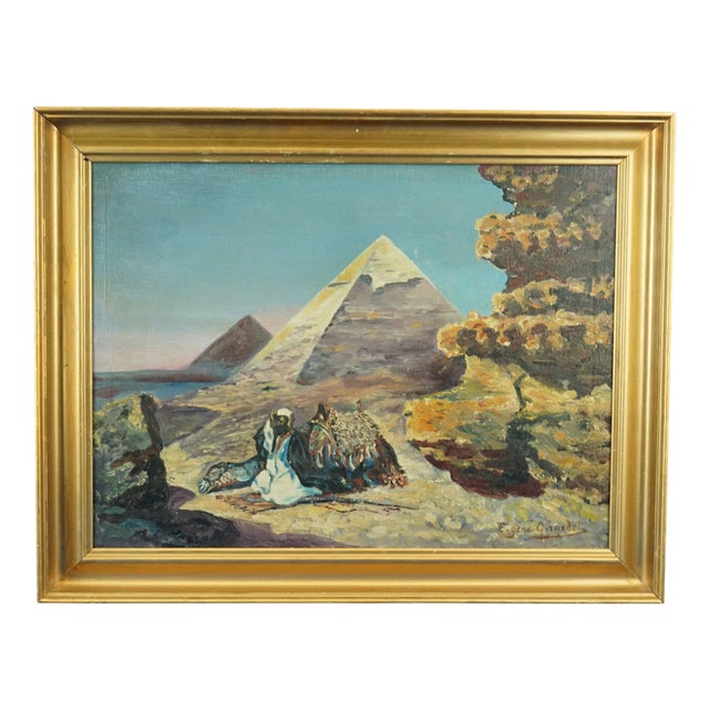 Eugène Alexis Girardet, Praying Arab with a Camel and Pyramids, Egypt, Late 19th Century, Oil on Canvas For Sale