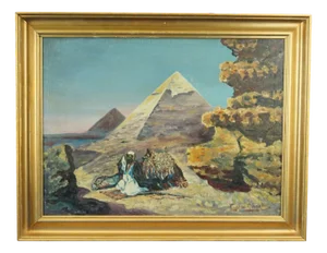 Eugène Alexis Girardet, Praying Arab with a Camel and Pyramids, Egypt, Late 19th Century, Oil on Canvas