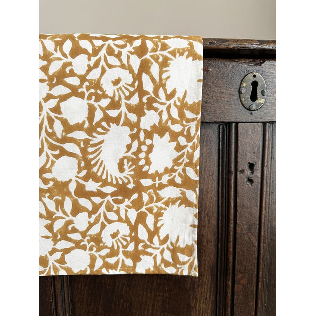 Contemporary Floral Block Printed Cotton Yellow Ochre Table Runner | Lizzet Frausto For Sale - Image 3 of 4