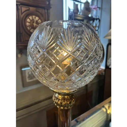 Pair of Mid 20th Century Brass and Marble With Cut Crystal Open Globe Torchiere Buffet Lamps For Sale - Image 11 of 12