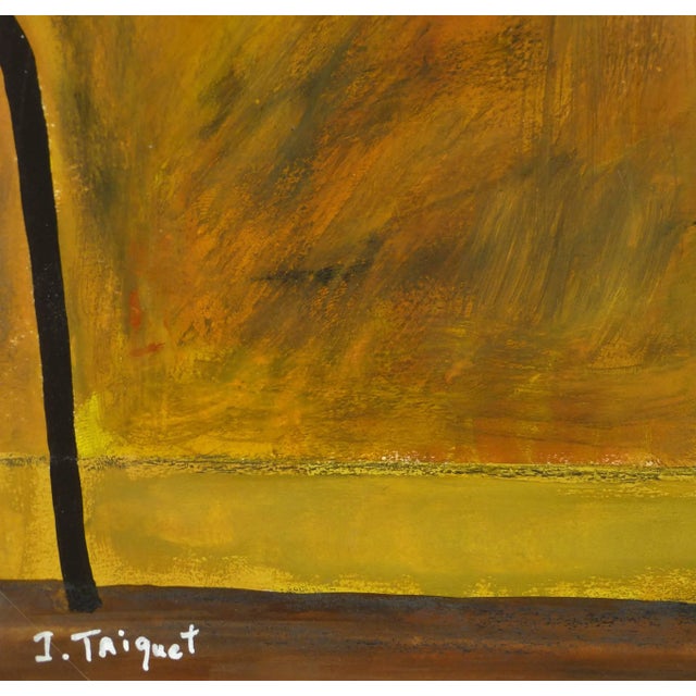 Bold acrylic still life painting defining a concise perspective of room corner with portion of chair in frame by French...