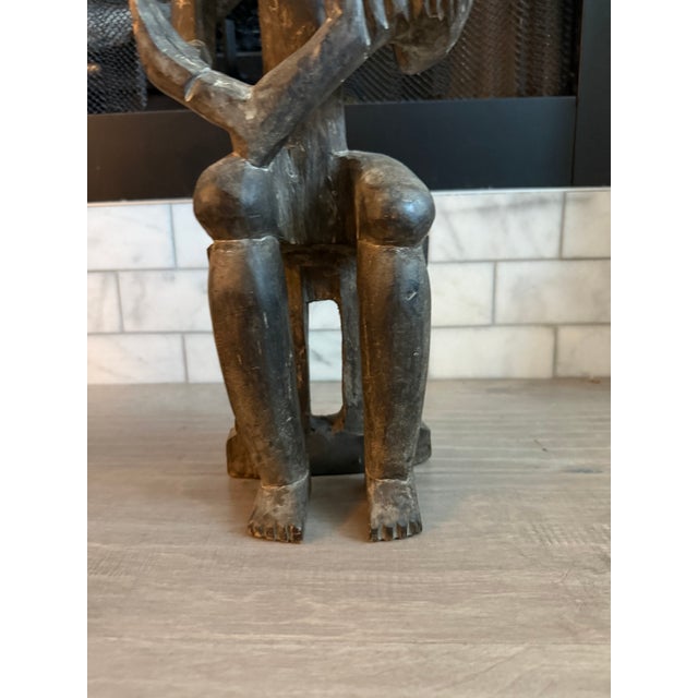 Wood Monumental Hand-Carved West African Figural Sculptures With Cowrie & Textile Masks — Pair For Sale - Image 7 of 15