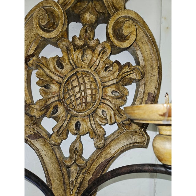 Metal 1980s Distress Painted and Carved Wood and Iron Two Arm Pricket Sconces - A Pair For Sale - Image 7 of 7