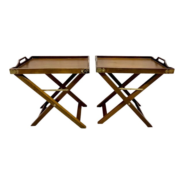 Vintage English Style Campaign Folding Tray Tables, Pair – Brass Gallery Tray on Folding Wooden Stands For Sale