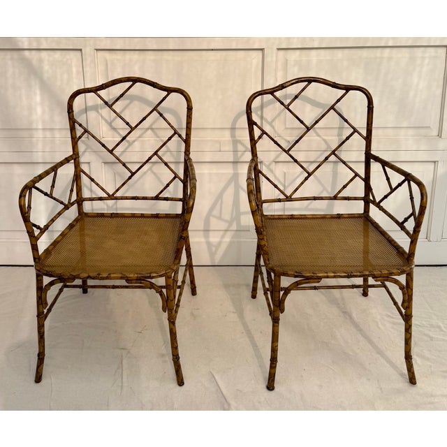 Chinoiserie Pair of Mid-20th Century Faux Bamboo Metal Indoor/Outdoor Armchairs With Burnt Bamboo Tortoiseshell Finish For Sale - Image 3 of 16
