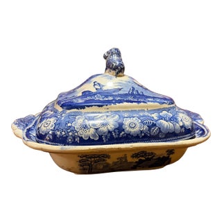 Antique Blue Transfer Decorated Pearlware Covered Vegetable Dish, “Wild Rose” Pattern, Circa 1830’s For Sale