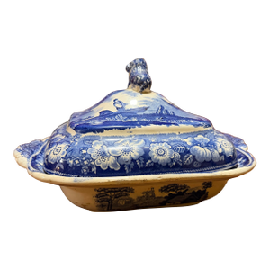 Antique Blue Transfer Decorated Pearlware Covered Vegetable Dish, “Wild Rose” Pattern, Circa 1830’s