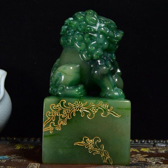Shoushan Stone Guardian Lion Seal – 6" Foo Dog Stamp With Gilt Calligraphy & Red Seal Paste For Sale In Los Angeles - Image 6 of 9