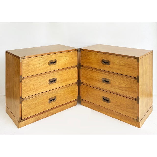 Bernhardt Pecan Campaign Mid-century Bachelor's Chests, a Pair Offered for sale is a pair of Mid-century Modern Berhardt...
