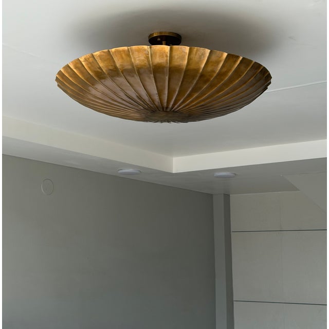 Handmade Brass Flush Mount Ceiling Light, Raw Brass Scalloped Fixture for Bedroom, Hallway & Living Room For Sale - Image 4 of 14
