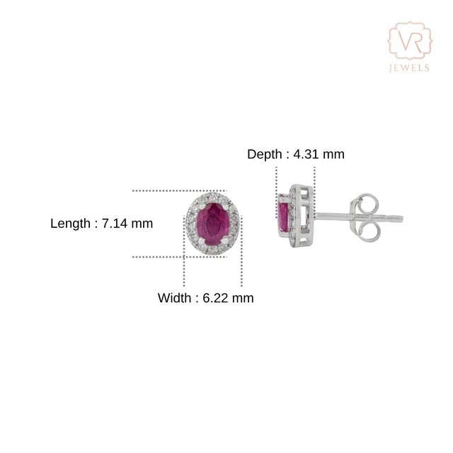 18k White Gold Natural Oval-Cut Vivid Red Ruby & Diamond Halo Stud Earrings- A Pair For Sale - Image 11 of 15