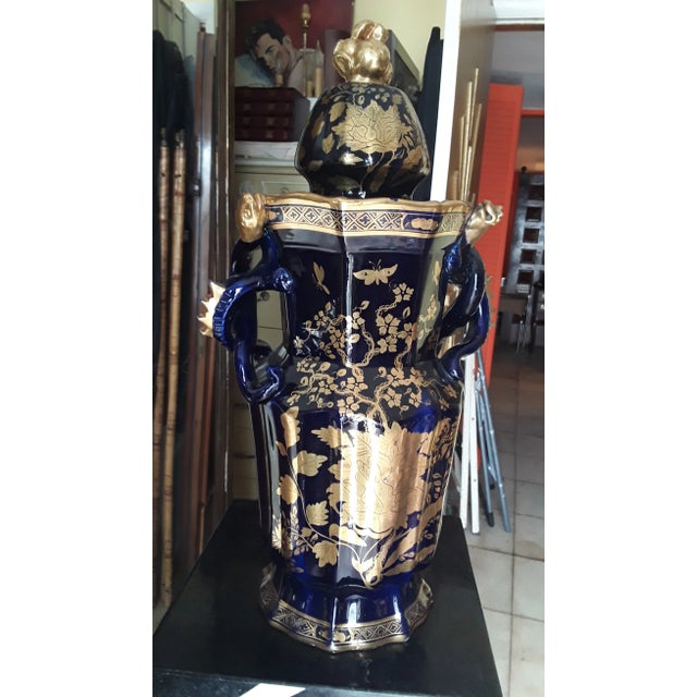 Art Nouveau 19thc French Antique Art Nouveau XL Cobalt Blue With Gilt Floral/ Insect Palace Covered Porcelain Urn For Sale - Image 3 of 10