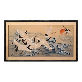 Pair of Vintage Japanese Hand-Painted Silk Crane Paintings, Signed, 45" For Sale