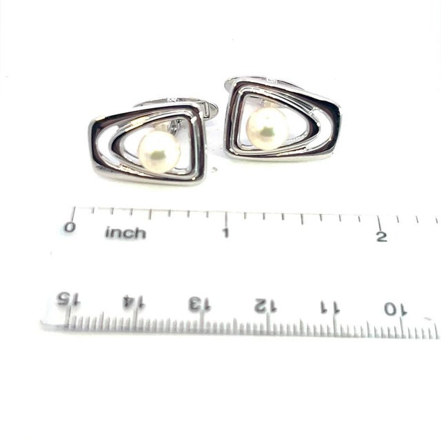 Metal 1990s Mikimoto Estate Akoya Pearl Cufflinks + Tie Pin Set Sterling Silver, 4 Pieces For Sale - Image 7 of 7