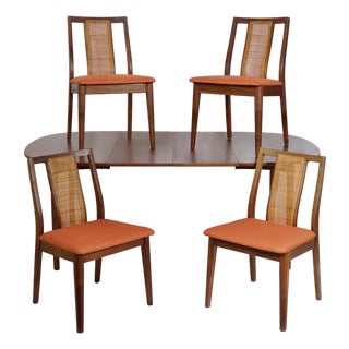1960s Mid Century Modern Walnut Dining Tables and 4 Walnut Caned Back Chairs by Jack Cartwright for Founders Furniture - Set of 5 For Sale