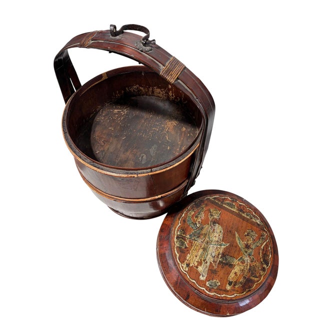 Chinese Antique Chinese Wedding Basket 3 Tier Lacquered Wood Dowry Basket 20” For Sale - Image 3 of 7