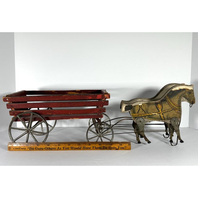 Brown Antique Gibbs Toy Horses & Wagon: Litho Pacers, Red Wagon, c. 1908 For Sale - Image 8 of 10