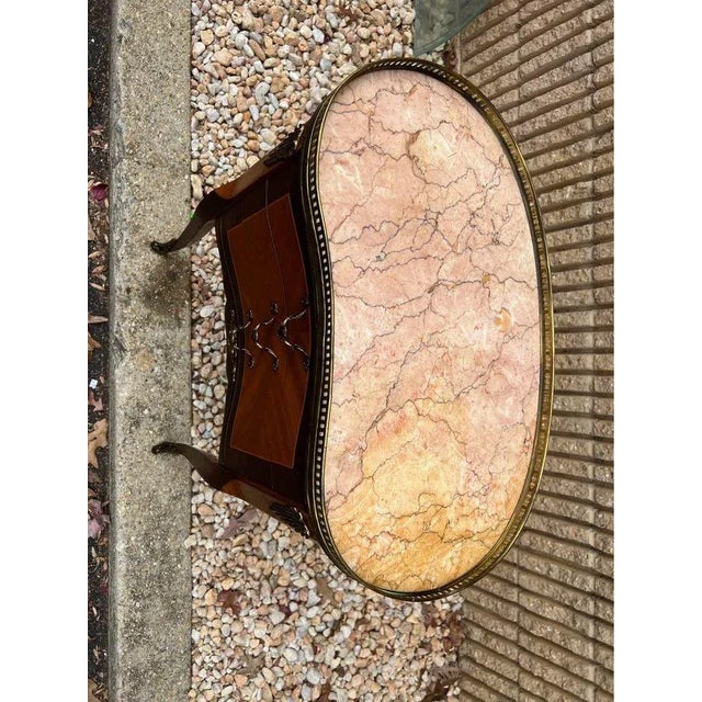 1940s Pair Louis XV Style Parquetry Fruitwood Brass Gallery Marble Top Kidney-Shape Side Tables For Sale - Image 12 of 12
