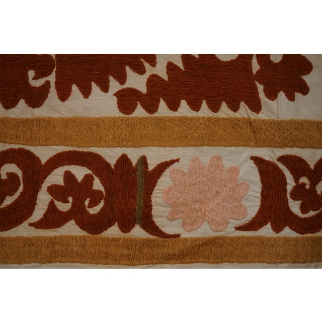 Textile Uzbek Suzani: Rust & Pink Embroidered Cotton Textile 4'3'' X 4'4'' For Sale - Image 7 of 12