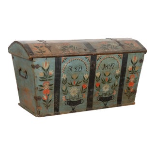 Early 19th Century Original Blue Painted Swedish Dome Top Oak Trunk Dated 1827 For Sale