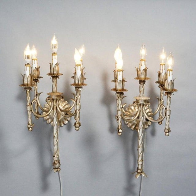Arts & Crafts Antique Arts & Crafts Gothic Silvered Finish Candelabra Wall Sconces 20th C For Sale - Image 3 of 8