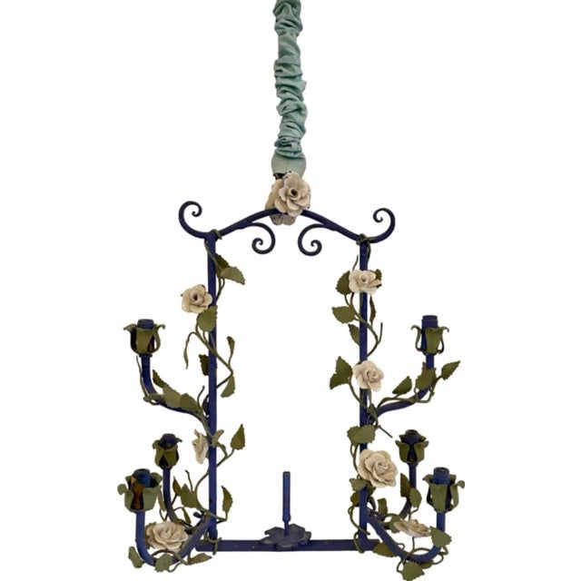 Vintage Italian Cherub Putti Floral Tole 6-Light Chandelier For Sale - Image 4 of 12