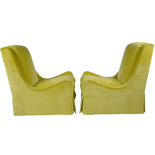 Pair of Modern Chartreuse Velvet Swivel Down Slipper Chairs.