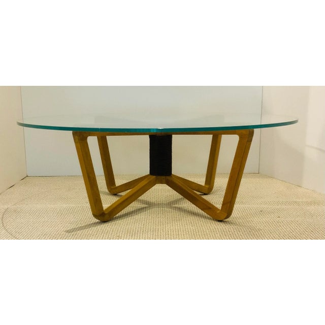 Original Retail $3747, stylish Baker / McGuire Organic Modern Eitean Teak Outdoor Cocktail Table, black rope detail, thick...
