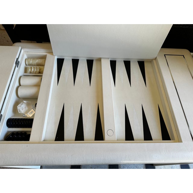 1970s Karl Springer Lizard Pattern Leather Clad White Backgammon Game Table For Sale - Image 10 of 15
