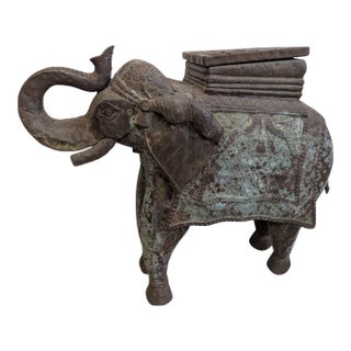 Vintage Hand-Carved Wood Elephant With Hammered Bronze Cladding and Interior Storage For Sale