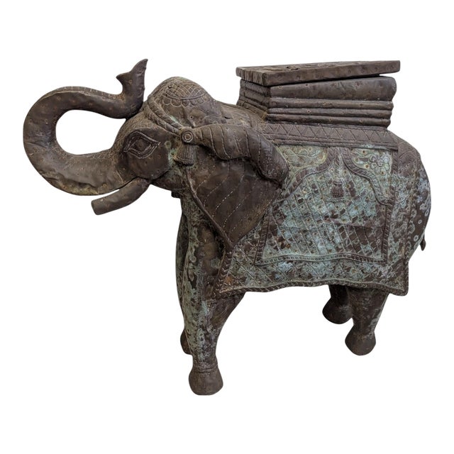 Vintage Hand-Carved Wood Elephant With Hammered Bronze Cladding and Interior Storage For Sale