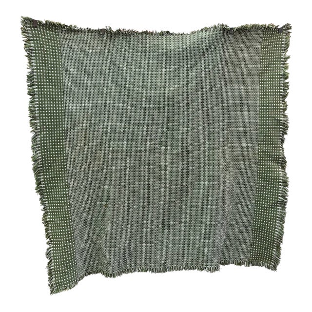 Vintage Olive Green and White Woven Throw Blanket With Fringe Edges For Sale