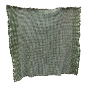 Vintage Olive Green and White Woven Throw Blanket With Fringe Edges