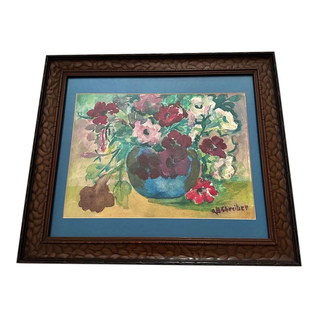 Vintage Still-Life Watercolor Painting of Flowers in a Blue Vase For Sale
