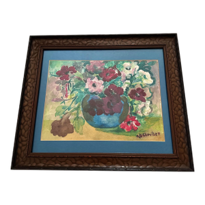 Vintage Still-Life Watercolor Painting of Flowers in a Blue Vase