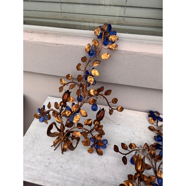 Gold Large Mid-Century Pair of Tole & Crystal Leaves and Flowers Sconces For Sale - Image 8 of 8