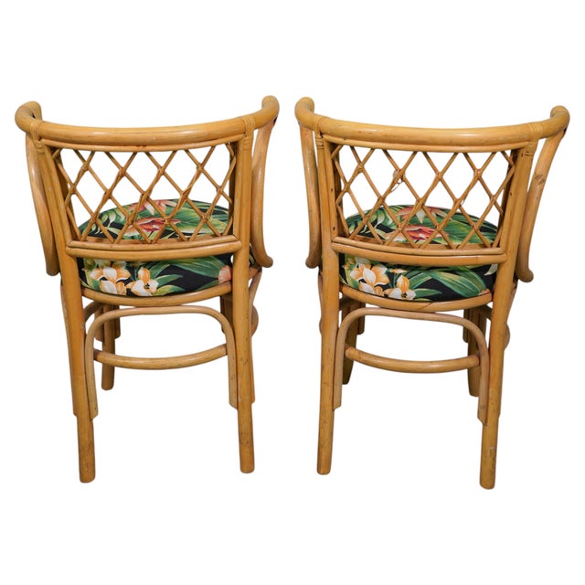Wood Vintage Coastal Rattan Bistro Table & Chairs Set, New Tropical Fabric, 1970s For Sale - Image 7 of 13