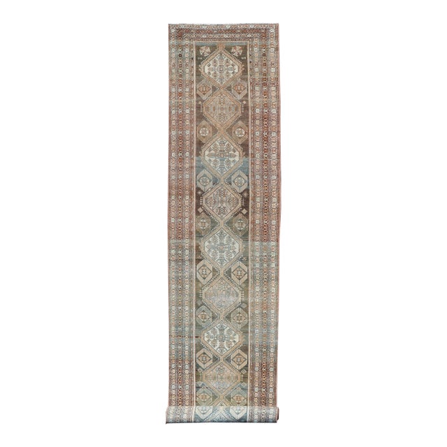 Antique Persian Hamadan Long Runner in Brown, Gray and Charcoal Background 2'11 X 18'1 For Sale