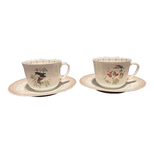 Vintage Mottahedah Birds of Paradise Cups and Saucers Set- 4 Pieces