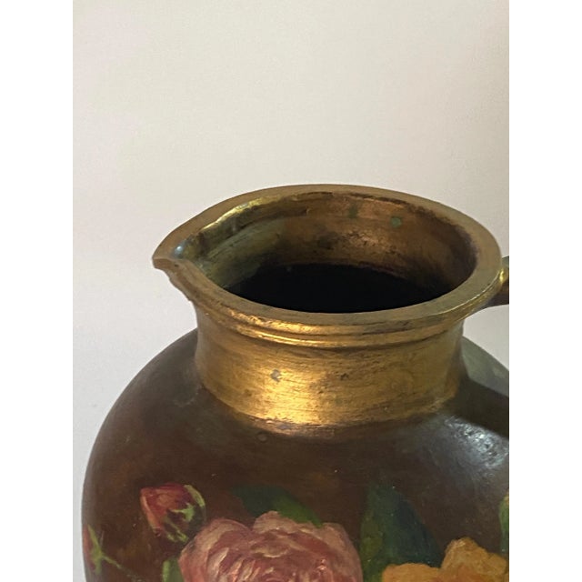 Flowers Decor Pattern Hand Painted Stoneware Jug, France, 1940s For Sale - Image 6 of 8