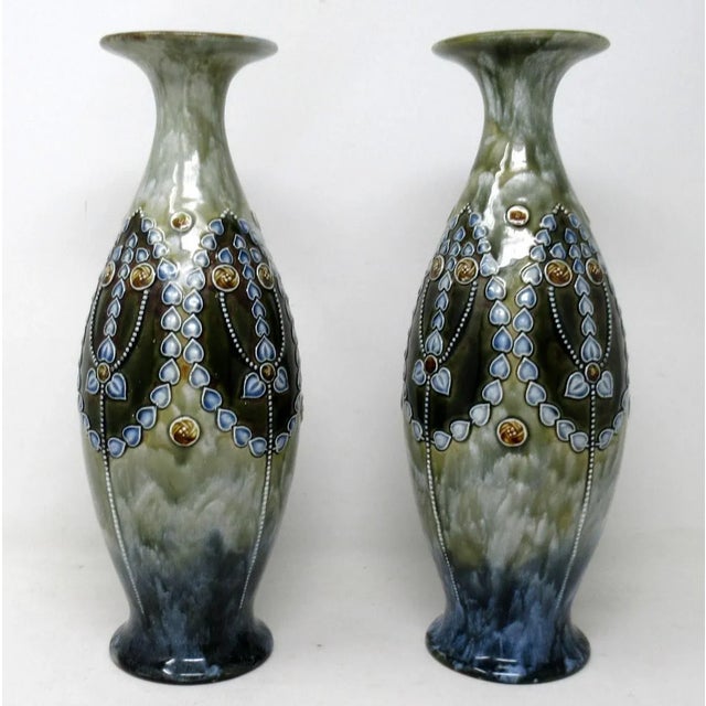 English Antique Pair English Porcelain Royal Doulton Ceramic Art Nouveau Vases Urns For Sale - Image 3 of 10